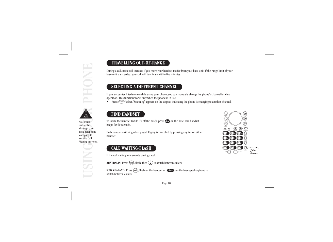 Using your phone, Call waiting/flash, Find handset | Selecting a different channel, Travelling out-of-range | Uniden XSA 975 User Manual | Page 18 / 44