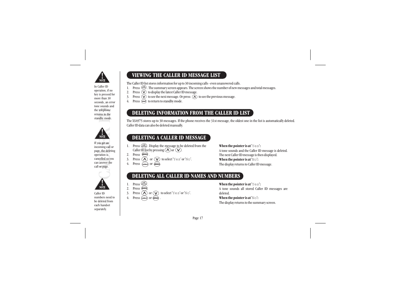 Caller id, Viewing the caller id message list, Deleting information from the caller id list | Deleting a caller id message, Deleting all caller id names and numbers | Uniden XSA 975 User Manual | Page 25 / 44