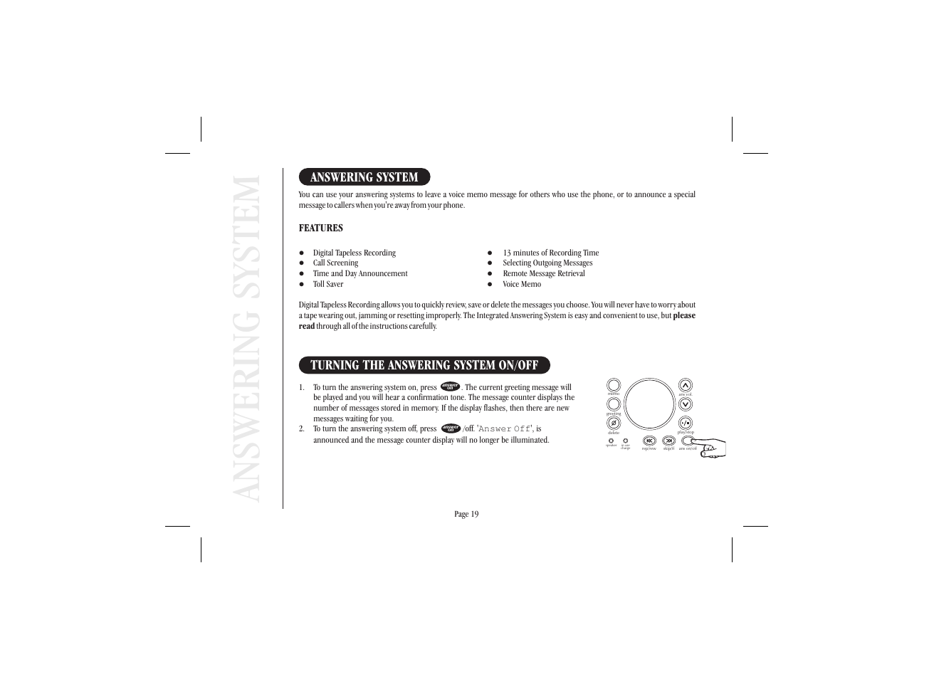 Answering system, Turning the answering system on/off | Uniden XSA 975 User Manual | Page 27 / 44