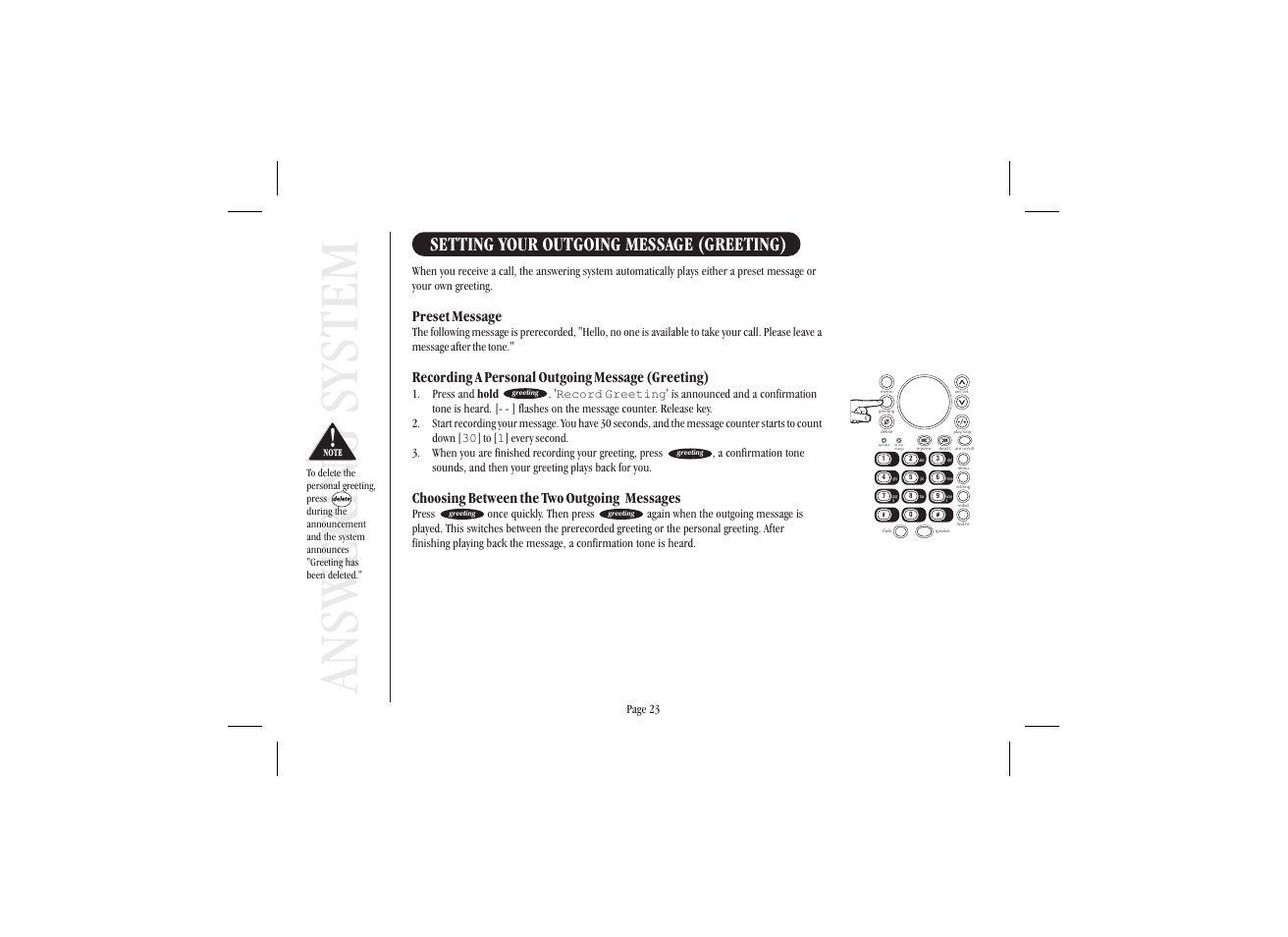 Answering system, Setting your outgoing message (greeting) | Uniden XSA 975 User Manual | Page 31 / 44