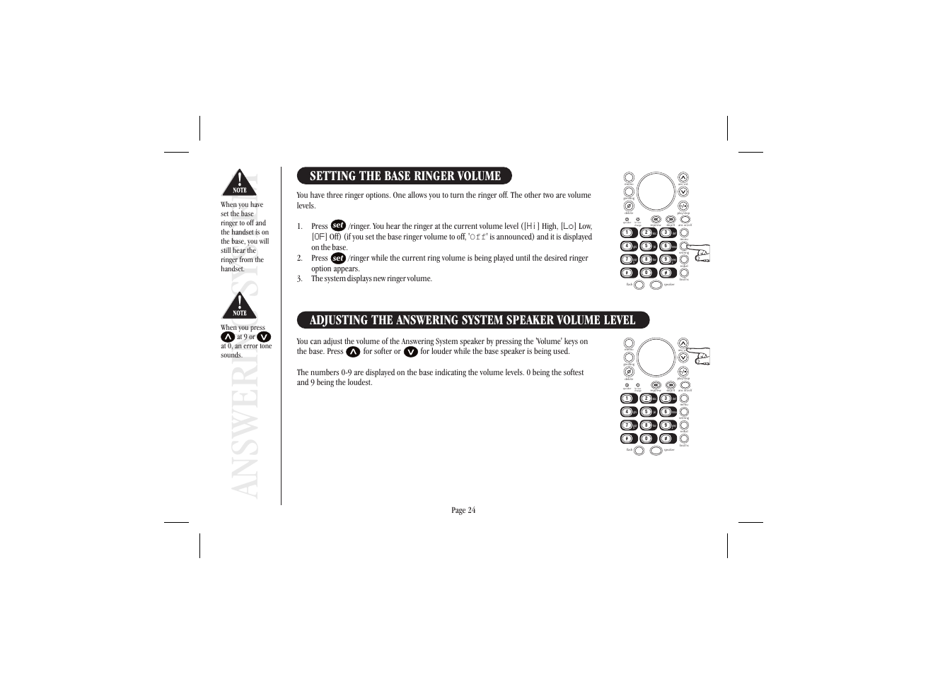 Answering system, Setting the base ringer volume | Uniden XSA 975 User Manual | Page 32 / 44