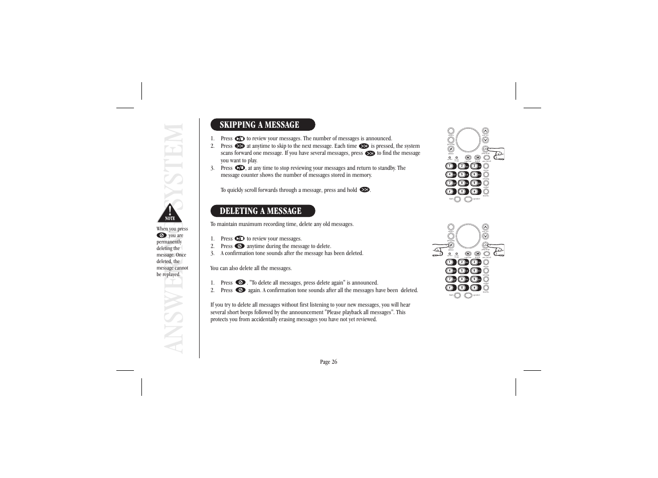 Answering system, Skipping a message, Deleting a message | Uniden XSA 975 User Manual | Page 34 / 44