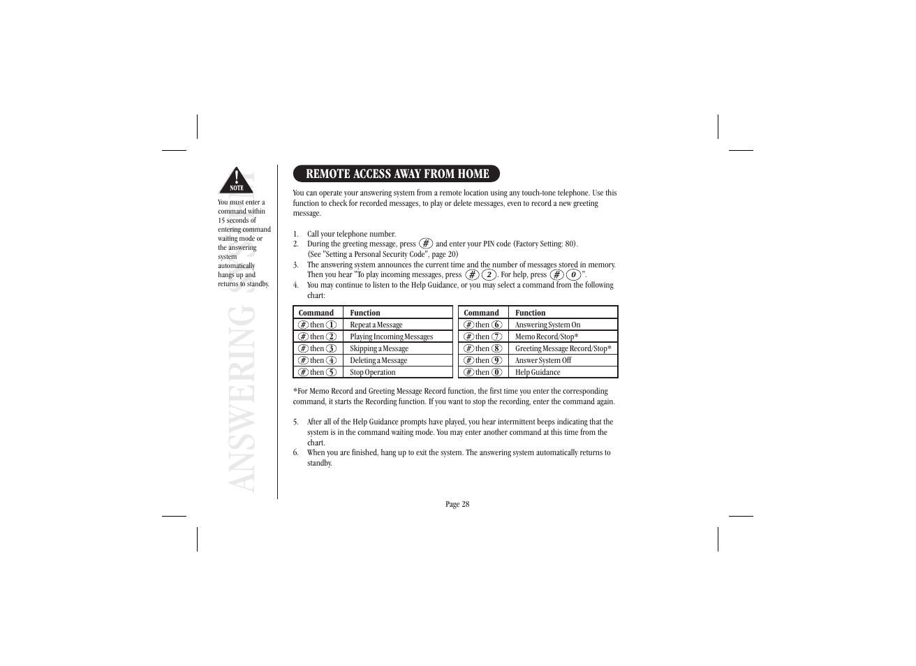 Answering system, Remote access away from home | Uniden XSA 975 User Manual | Page 36 / 44