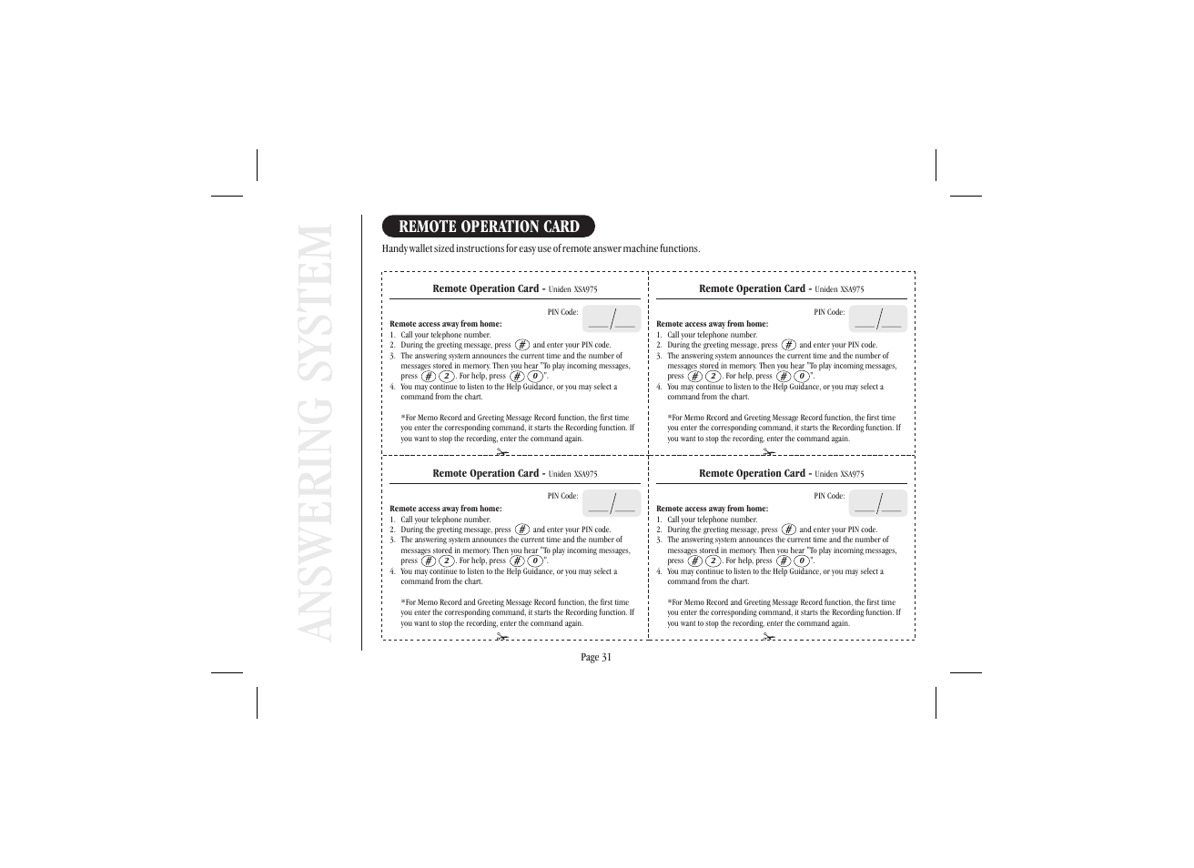 Answering system, Remote operation card | Uniden XSA 975 User Manual | Page 39 / 44