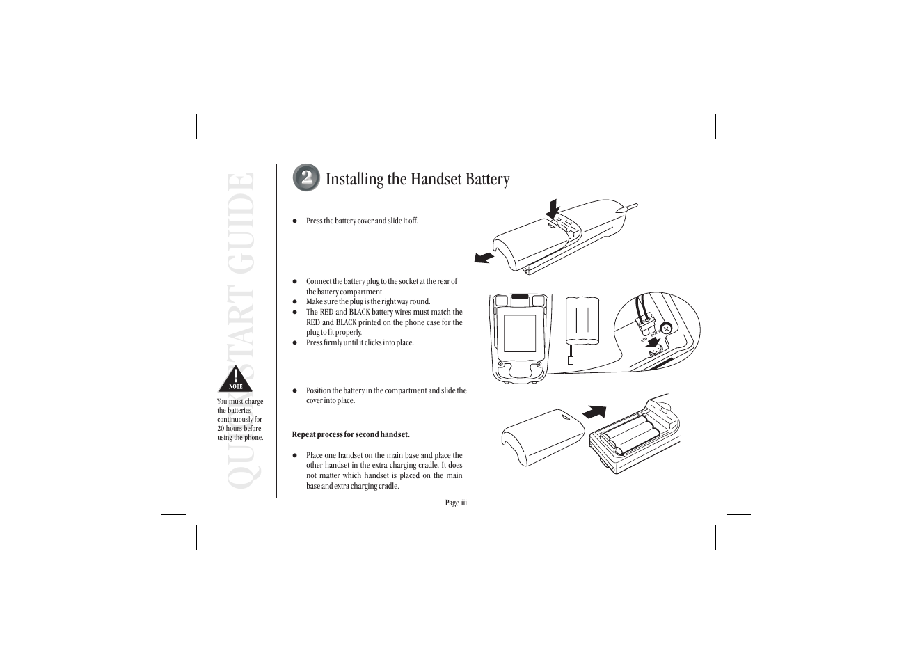 Quick st ar t guide, Installing the handset battery | Uniden XSA 975 User Manual | Page 4 / 44