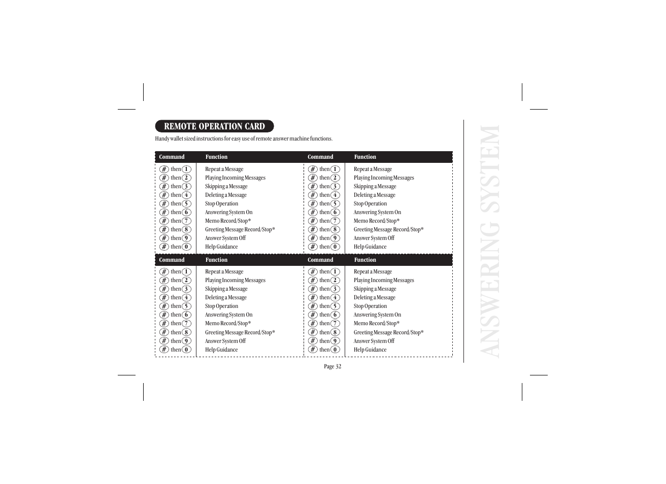 Answering system, Remote operation card | Uniden XSA 975 User Manual | Page 40 / 44