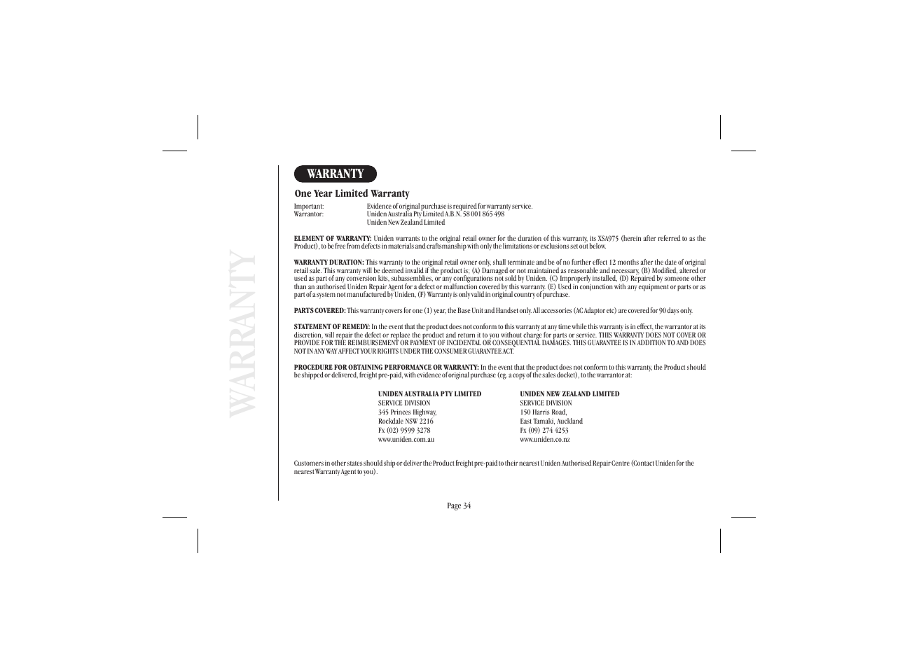 Wa rr anty, Warranty | Uniden XSA 975 User Manual | Page 42 / 44