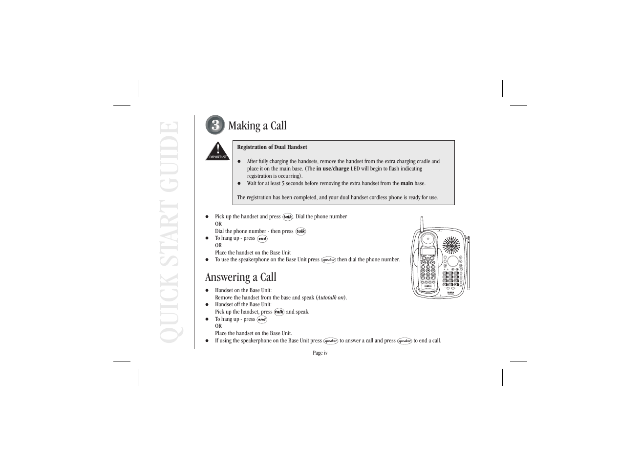 Quick st ar t guide, Making a call, Answering a call | Uniden XSA 975 User Manual | Page 5 / 44