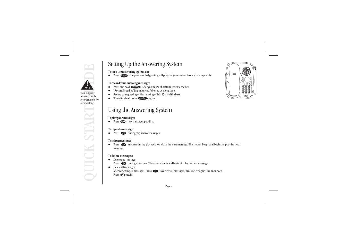 Quick st ar t guide, Setting up the answering system, Using the answering system | Uniden XSA 975 User Manual | Page 6 / 44