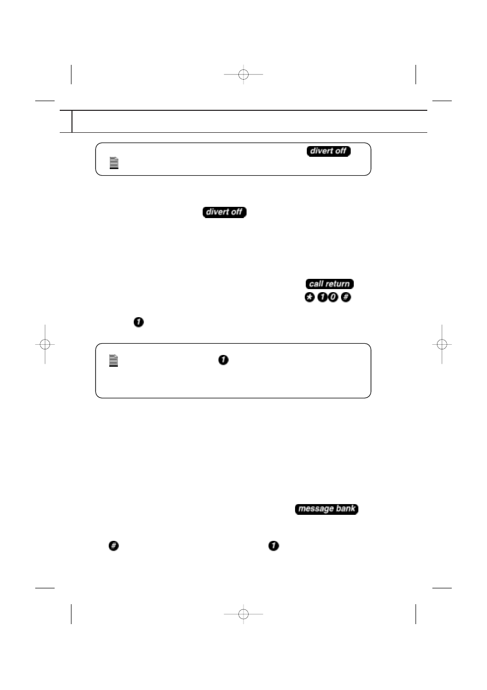 Divert off, Call return, Message bank | Uniden FP101 User Manual | Page 23 / 28