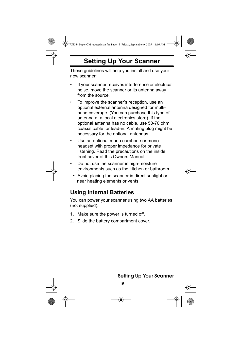 Setting up your scanner, Using internal batteries | Uniden UBC69XLT User Manual | Page 15 / 44
