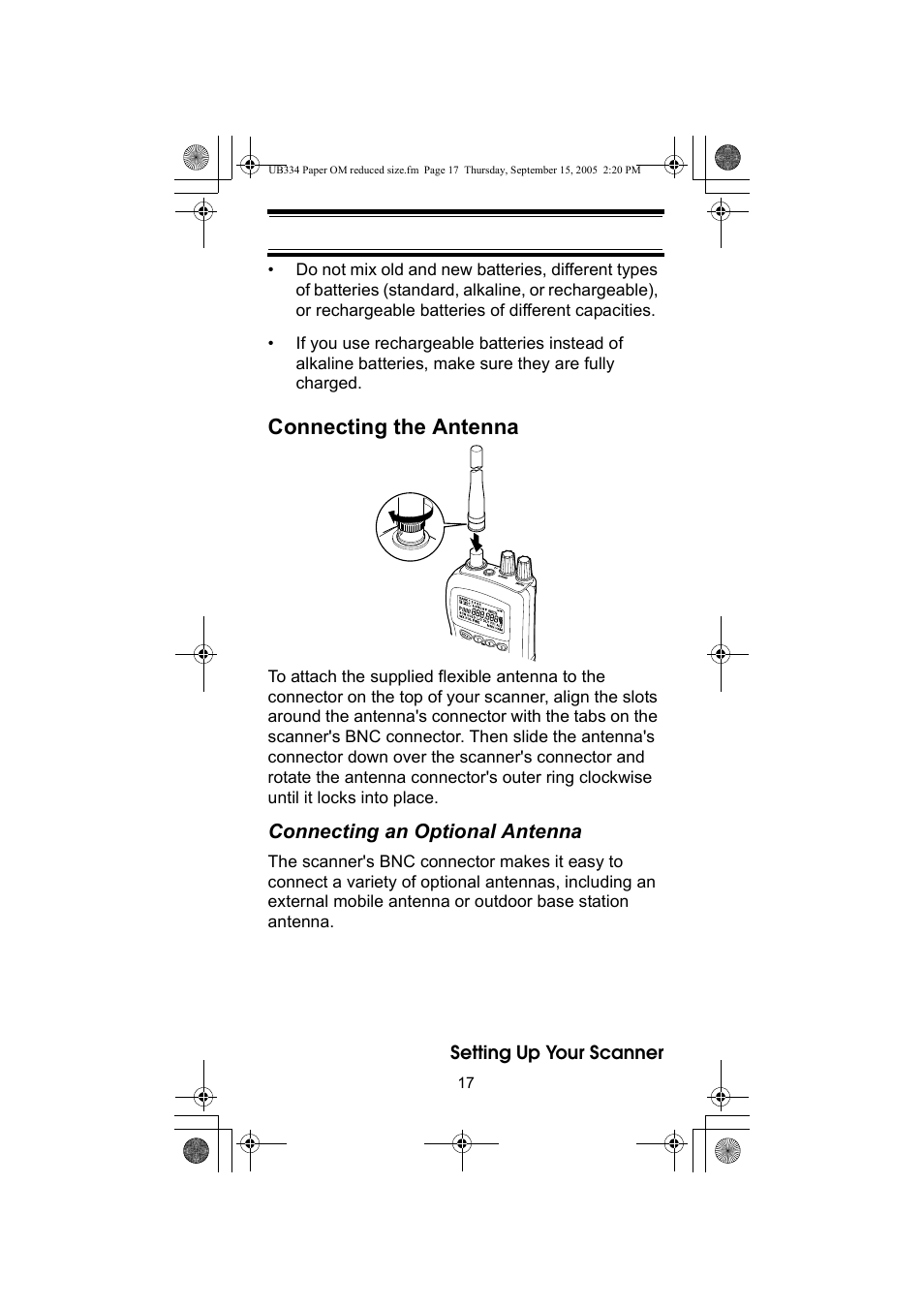 Connecting the antenna | Uniden UBC69XLT User Manual | Page 17 / 44