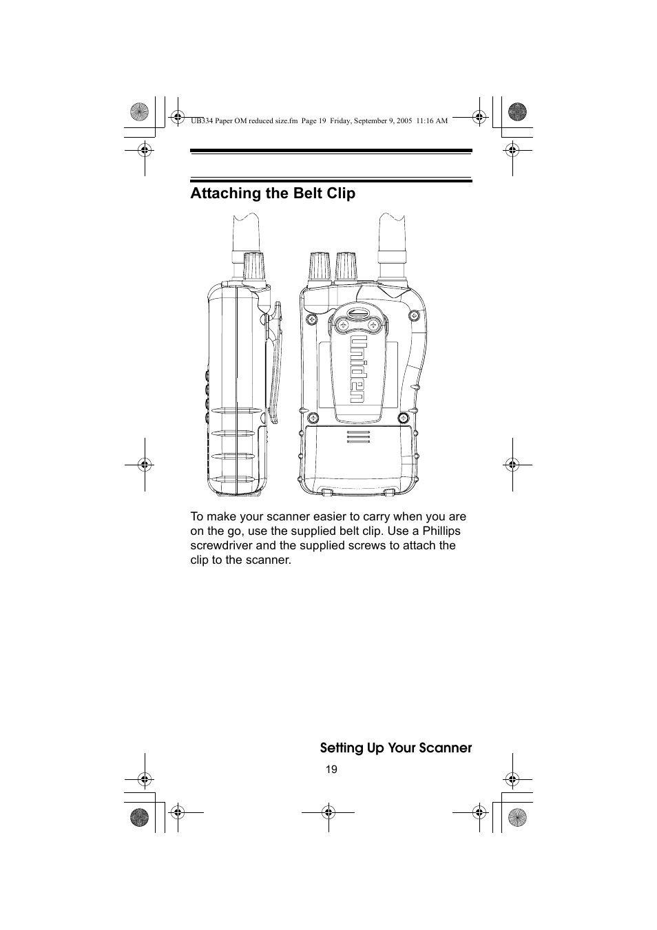 Attaching the belt clip | Uniden UBC69XLT User Manual | Page 19 / 44
