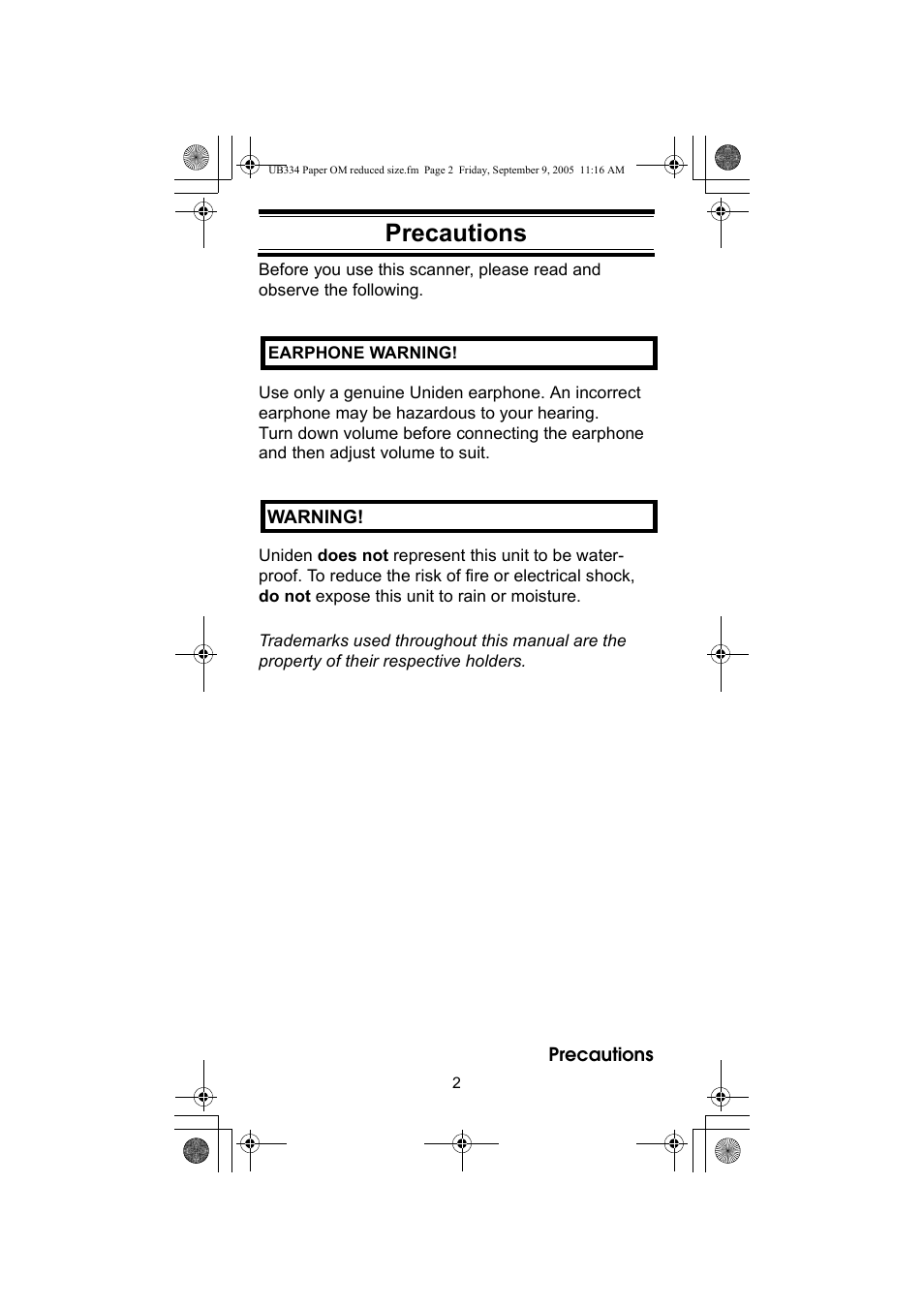 Precautions | Uniden UBC69XLT User Manual | Page 2 / 44