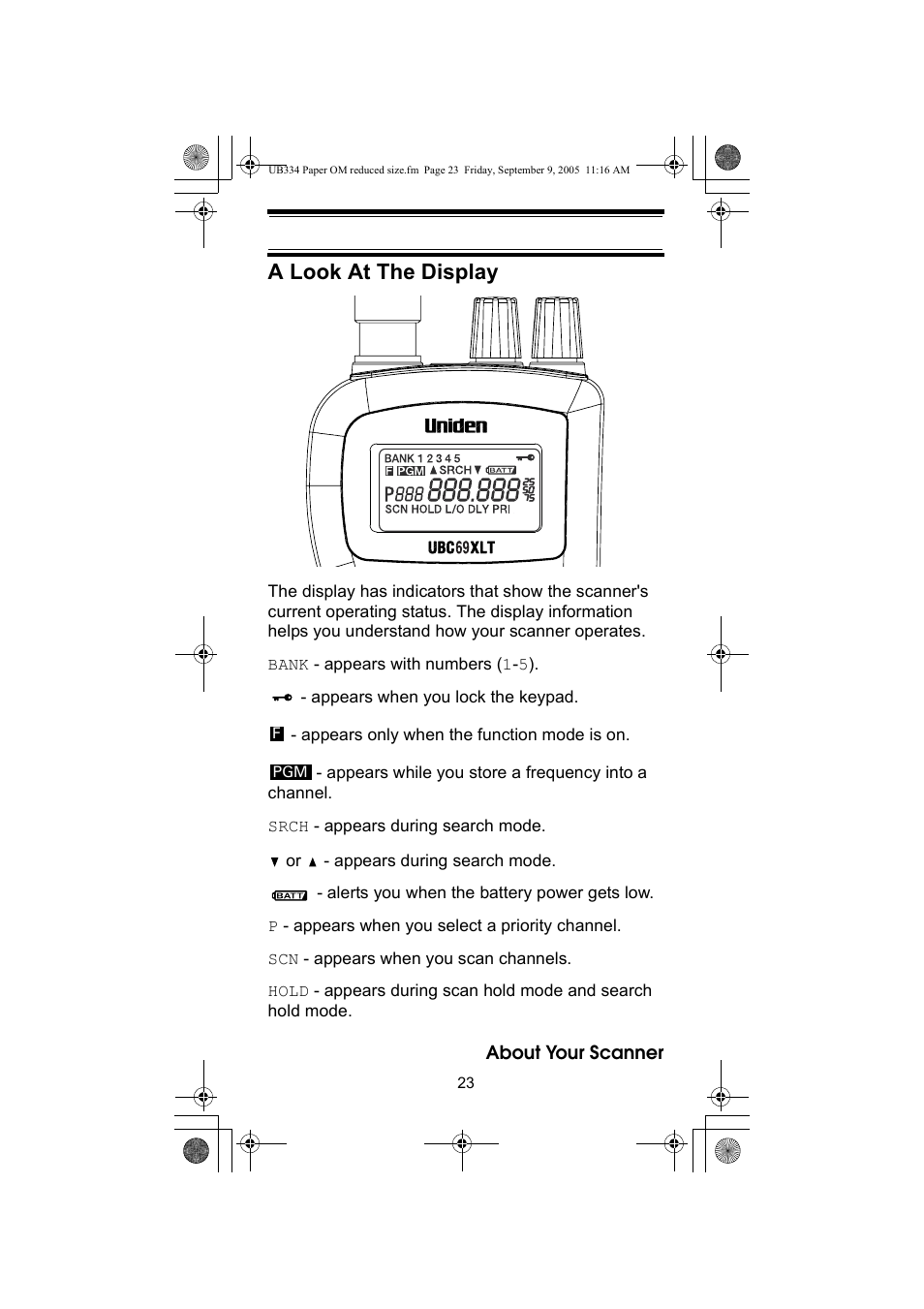 A look at the display | Uniden UBC69XLT User Manual | Page 23 / 44