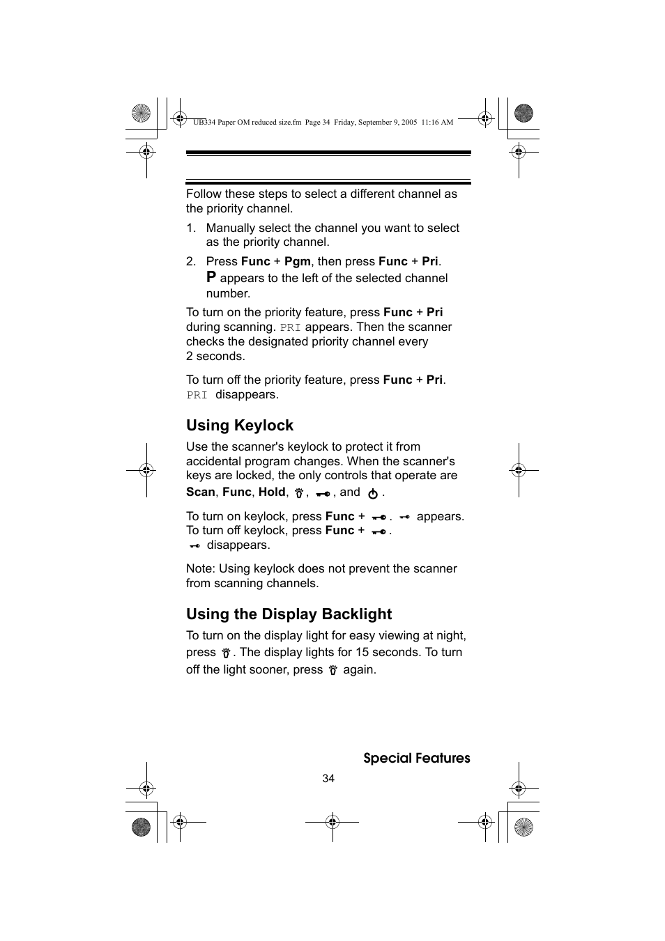 Using keylock, Using the display backlight | Uniden UBC69XLT User Manual | Page 34 / 44