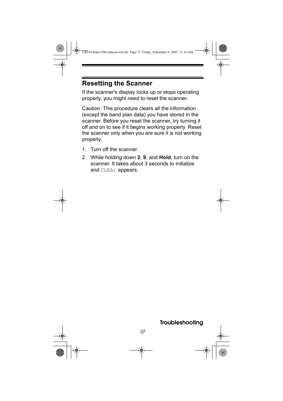 Resetting the scanner | Uniden UBC69XLT User Manual | Page 37 / 44