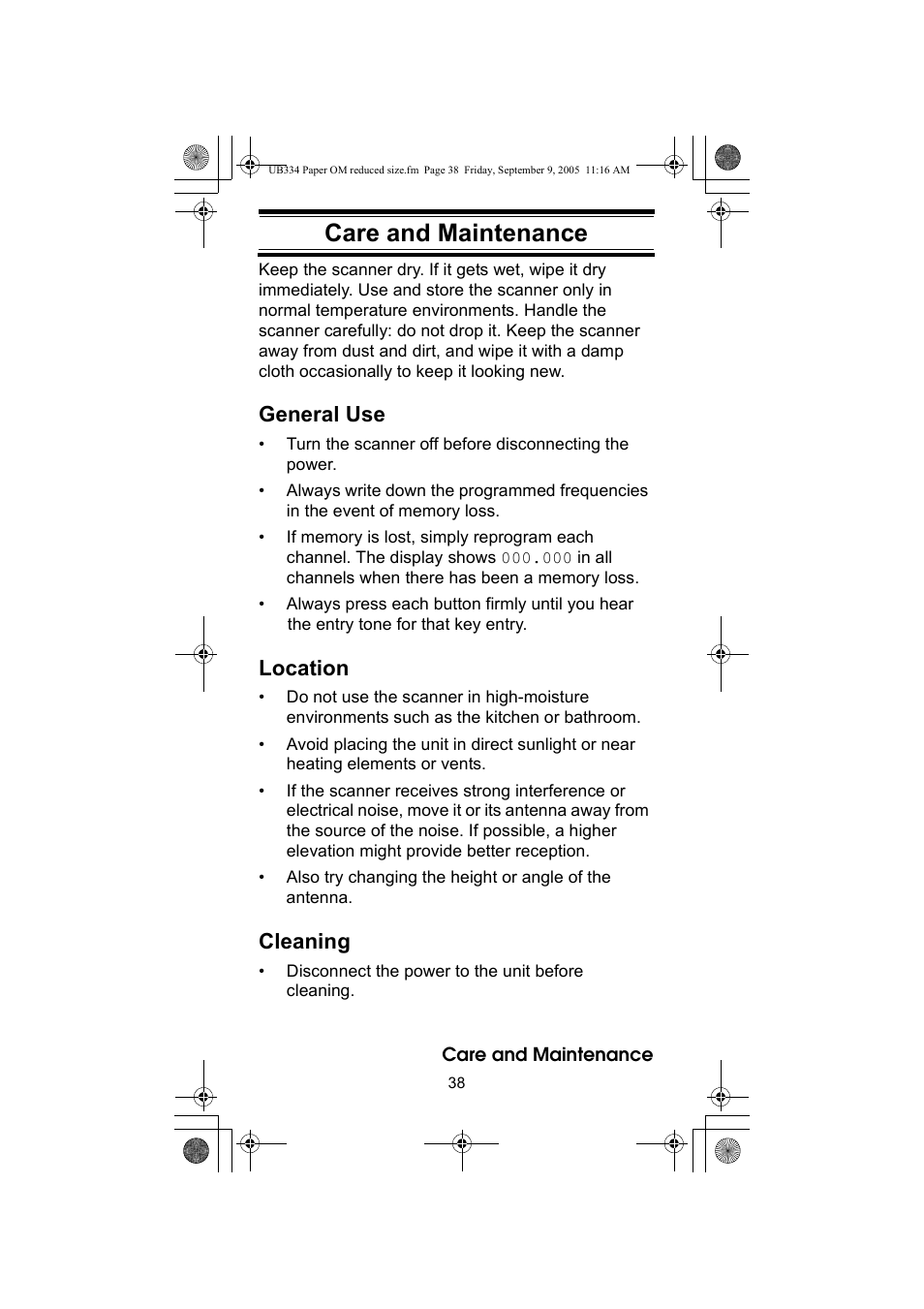Care and maintenance, General use, Location | Cleaning | Uniden UBC69XLT User Manual | Page 38 / 44