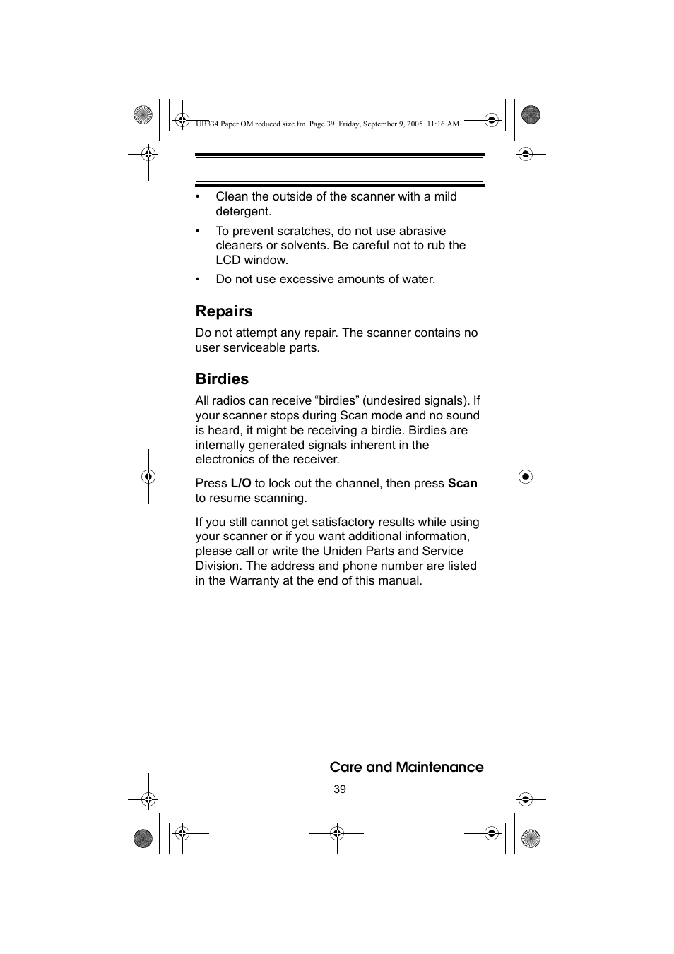 Repairs, Birdies | Uniden UBC69XLT User Manual | Page 39 / 44