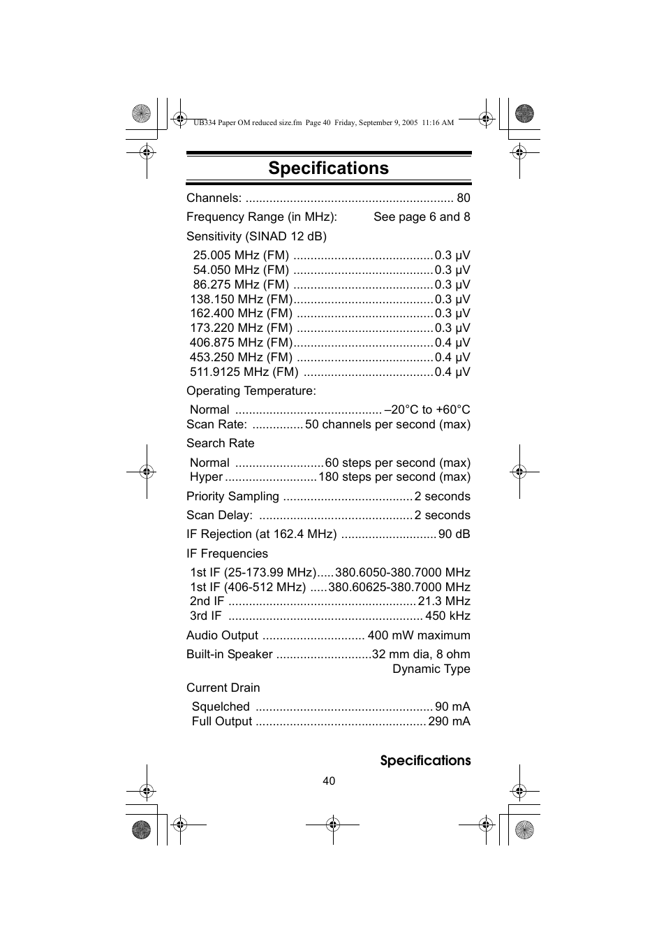 Specifications | Uniden UBC69XLT User Manual | Page 40 / 44