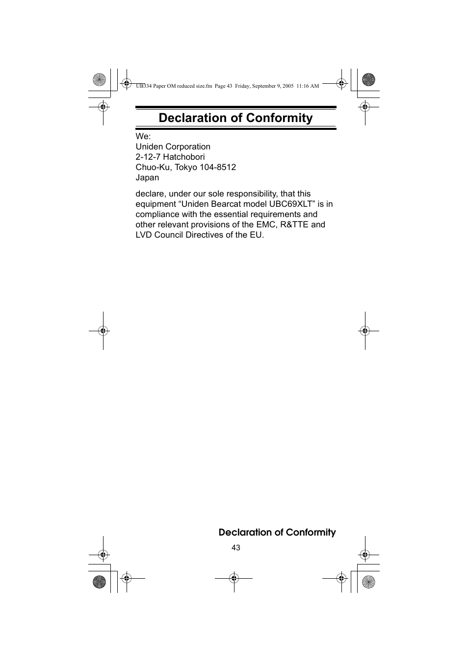 Declaration of conformity | Uniden UBC69XLT User Manual | Page 43 / 44