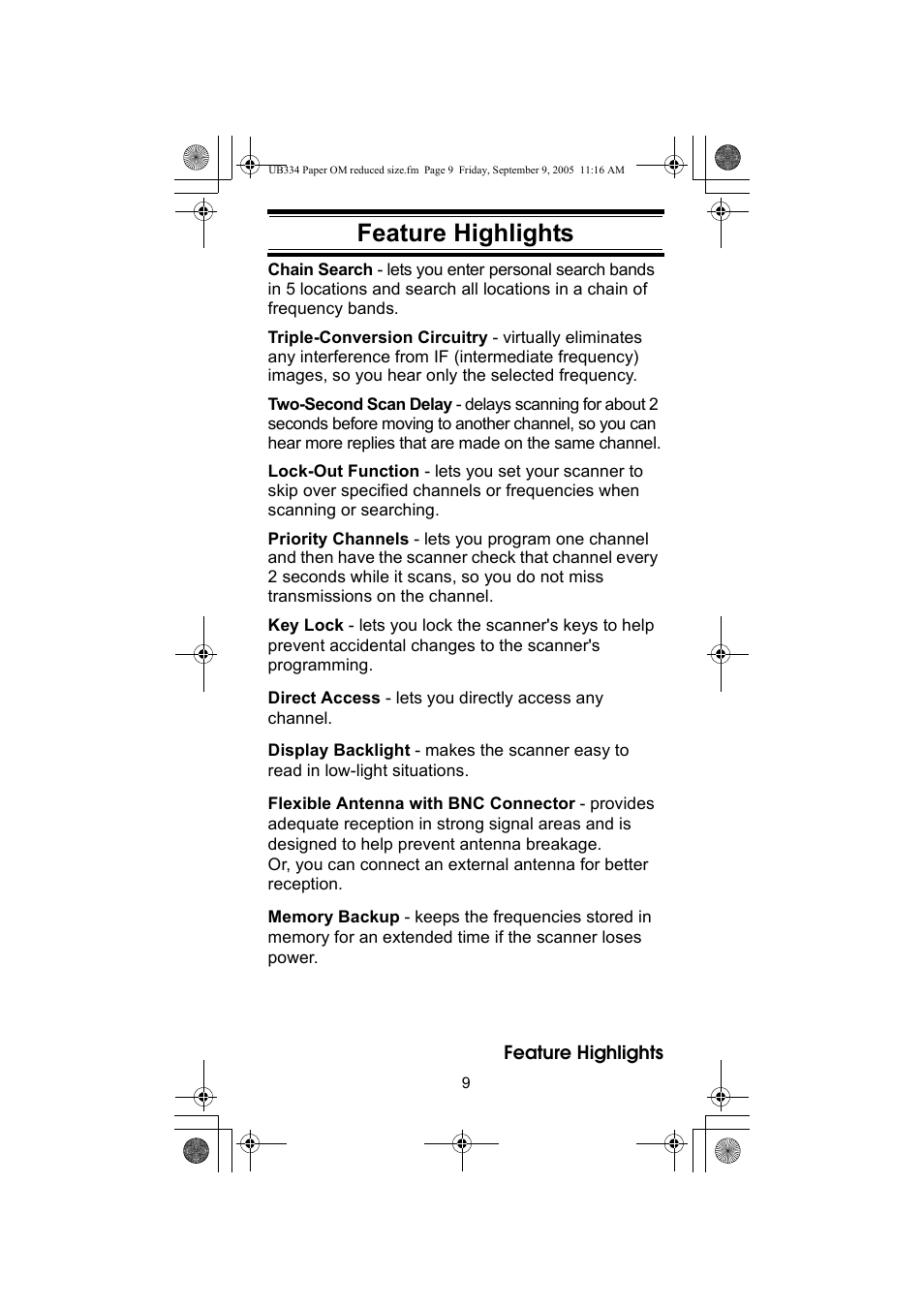 Feature highlights | Uniden UBC69XLT User Manual | Page 9 / 44