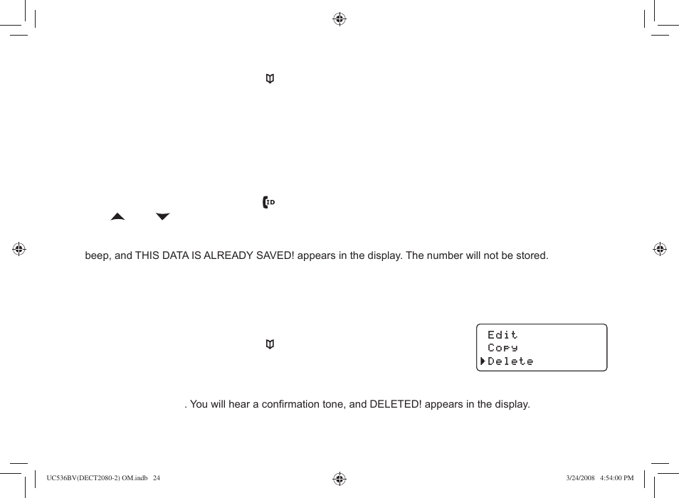 Editing an existing phonebook entry, Deleting phonebook entries | Uniden DECT2080 User Manual | Page 25 / 64