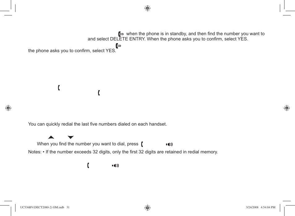 Deleting caller id numbers, Using call waiting, Redialing a number | Uniden DECT2080 User Manual | Page 32 / 64