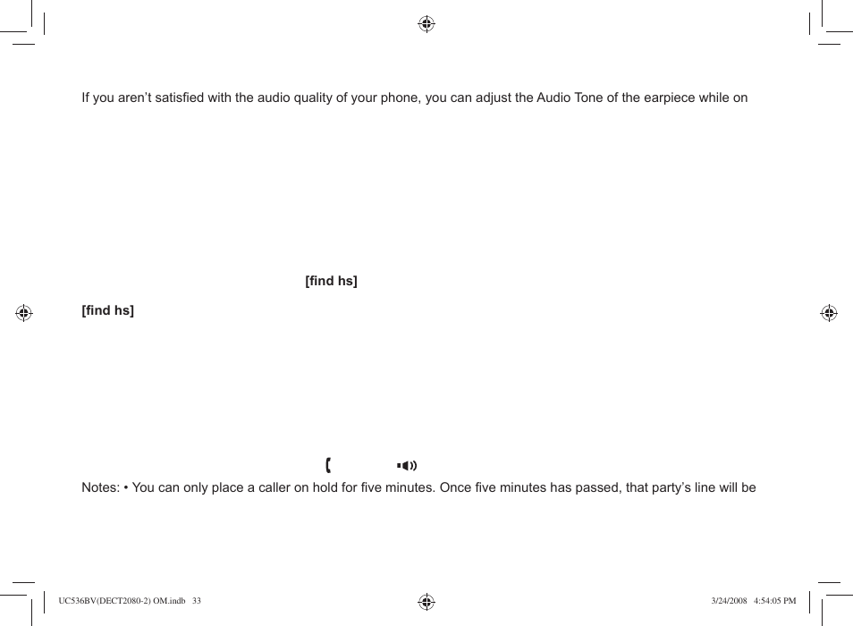 Finding a lost handset, Using hold, conference and transfer, Adjusting the audio tone | Placing a call on hold | Uniden DECT2080 User Manual | Page 34 / 64