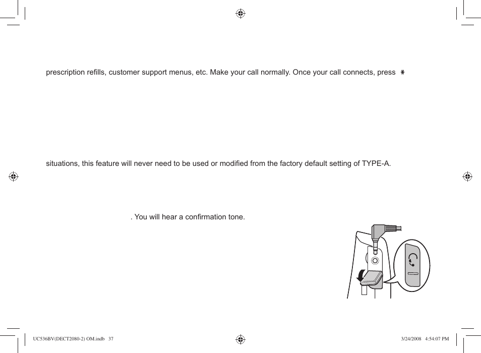 Tone dialing switch over, Line mode setup (base only), Installing the optional headset | Uniden DECT2080 User Manual | Page 38 / 64