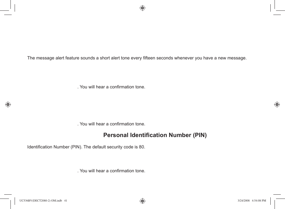 Activating the message alert, Activating call screening | Uniden DECT2080 User Manual | Page 42 / 64