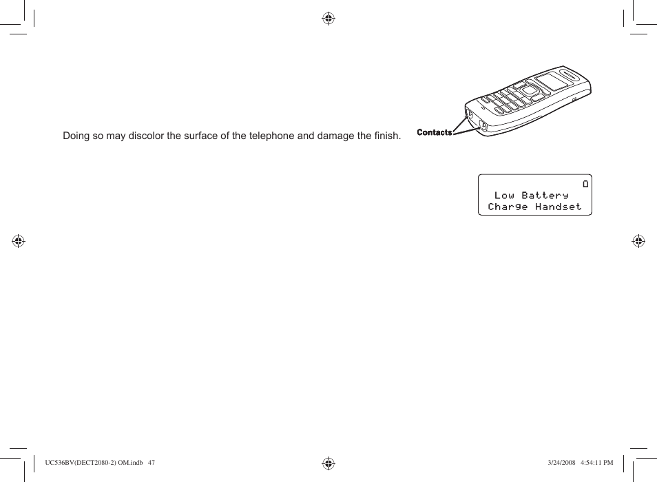 Cleaning the battery contacts, Low battery alert, Battery life | Power failures | Uniden DECT2080 User Manual | Page 48 / 64