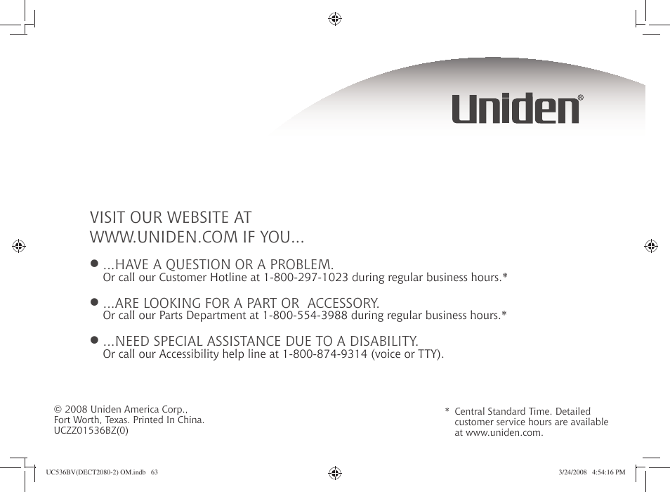 Uniden DECT2080 User Manual | Page 64 / 64