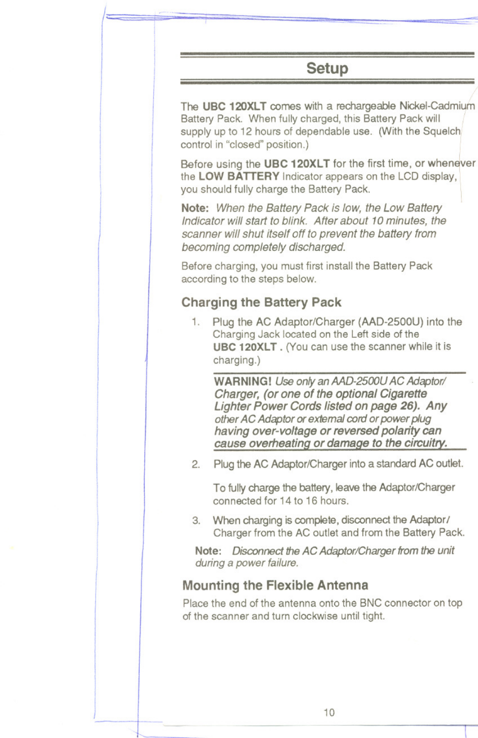 Setup, Charging the battery pack, Mounting the flexible antenna | Uniden UBC 120XLT User Manual | Page 12 / 32