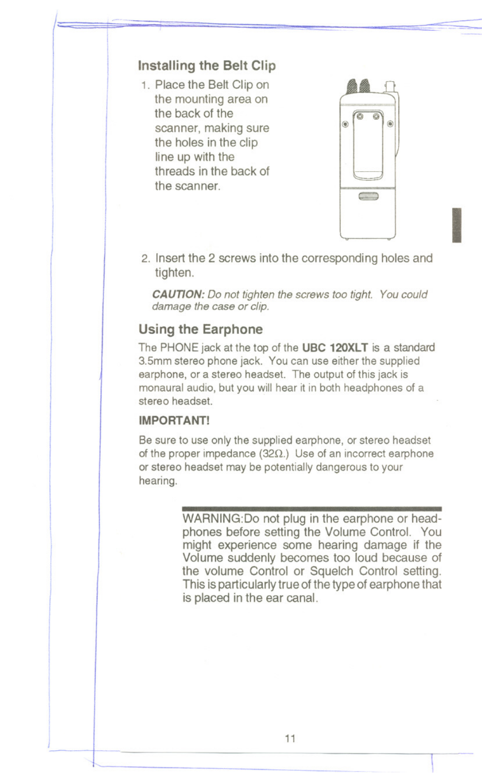 Installing the belt clip, Using the earphone, Installing the belt clip using fhe earphone | Uniden UBC 120XLT User Manual | Page 13 / 32