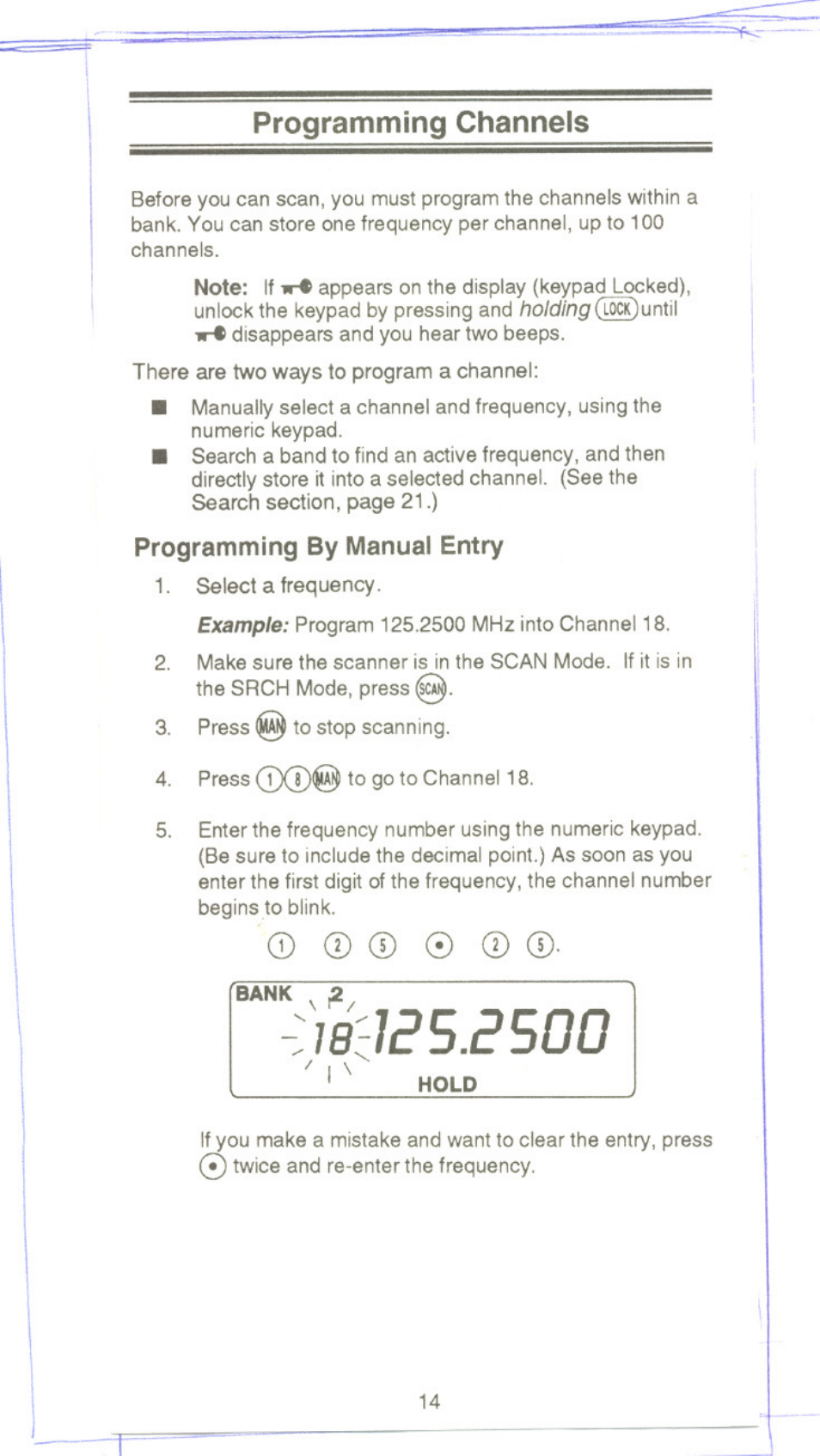 Programming channels, Programming by manual entry, Programminjg channels | Uniden UBC 120XLT User Manual | Page 16 / 32