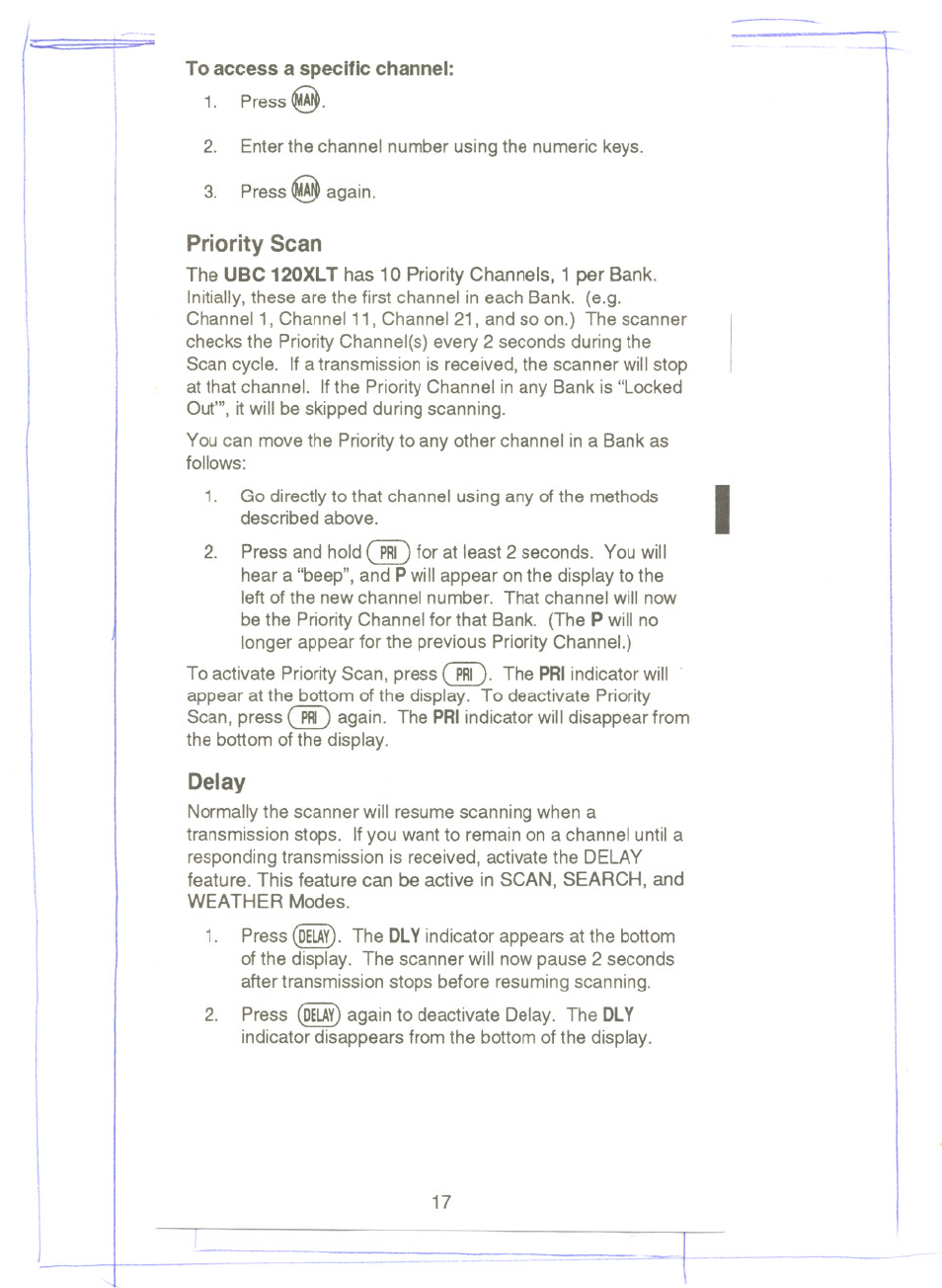 Priority scan, Delay, Priority scan delay | Uniden UBC 120XLT User Manual | Page 19 / 32