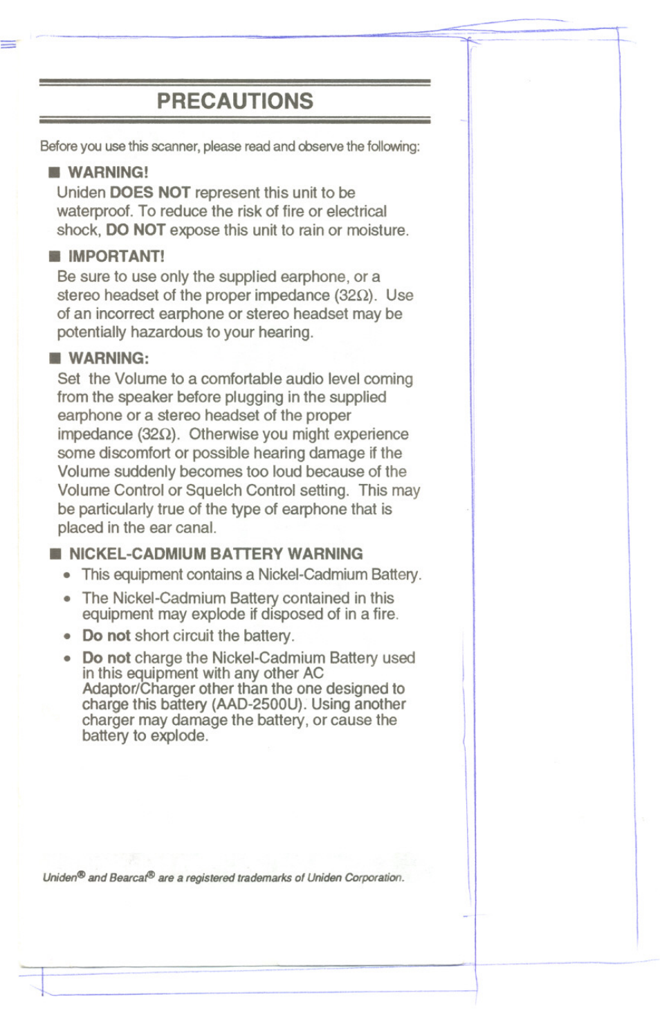 Precautions, Warning, Important | Nickel-cadmium battery warning | Uniden UBC 120XLT User Manual | Page 2 / 32