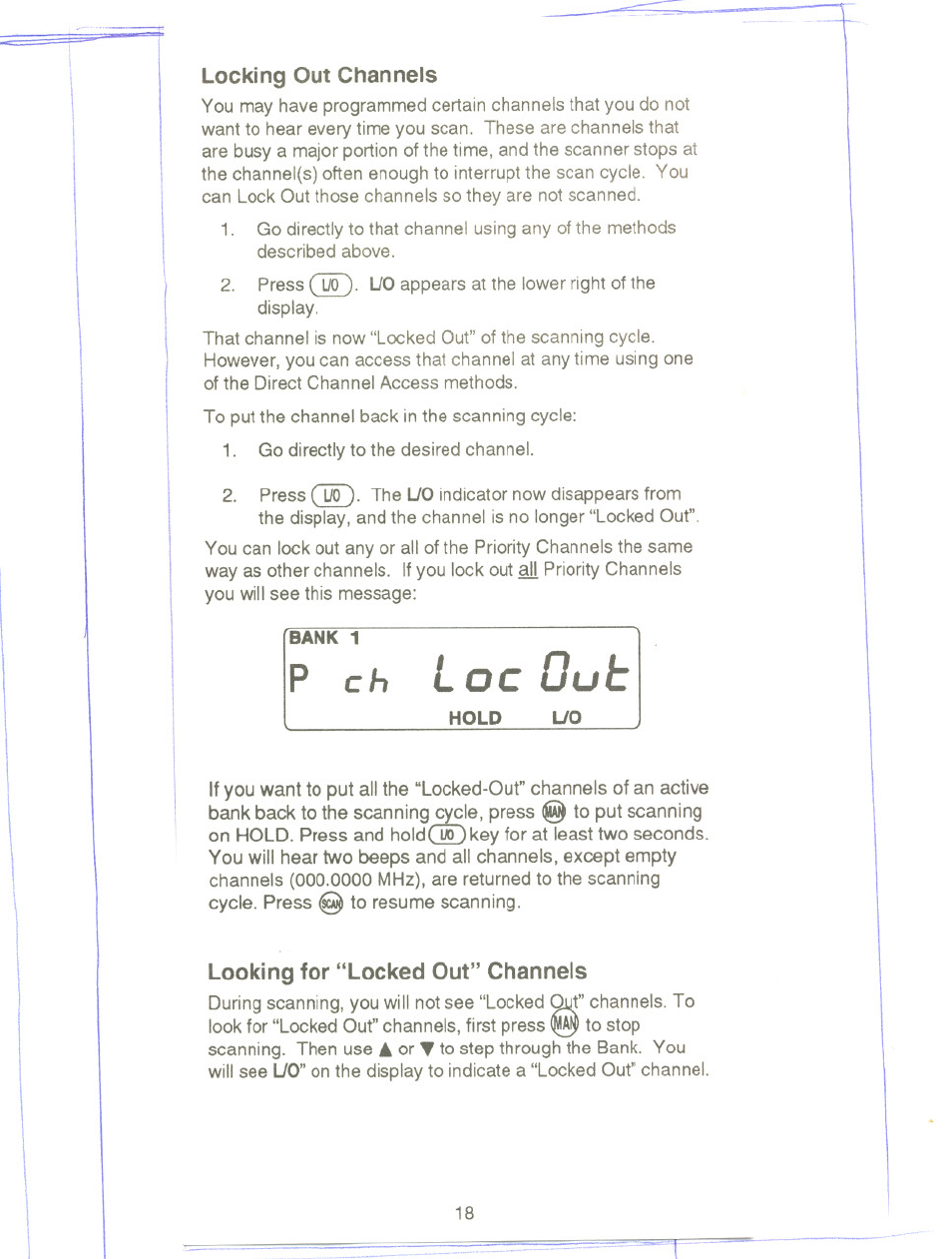 Locking out channels, Looking for “locked out” channels, L o c | Uniden UBC 120XLT User Manual | Page 20 / 32