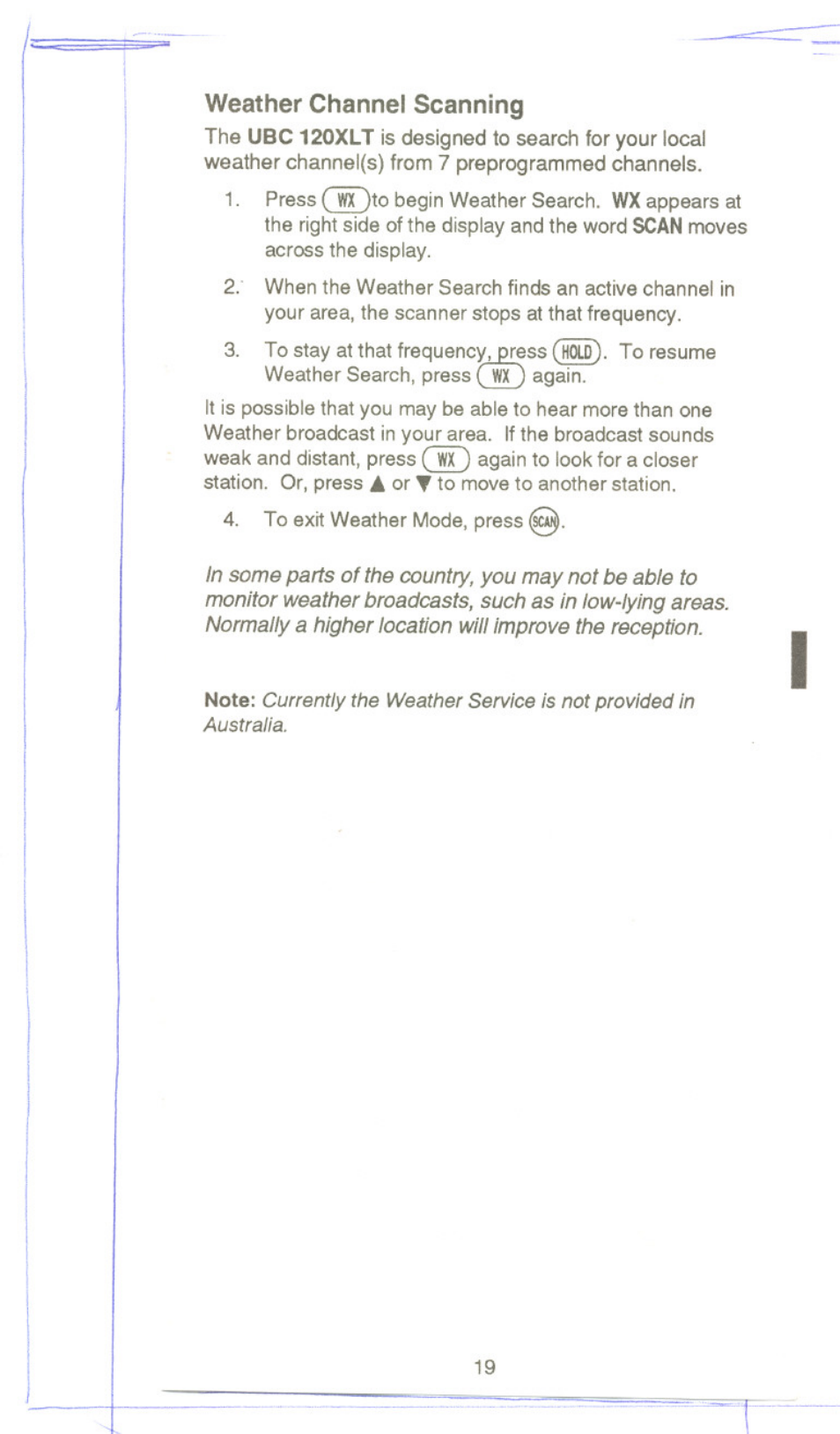 Weather channel scanning | Uniden UBC 120XLT User Manual | Page 21 / 32