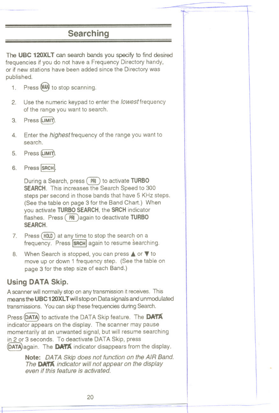 Searching, Using data skip | Uniden UBC 120XLT User Manual | Page 22 / 32