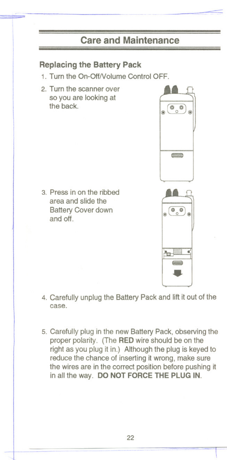 Care and maintenance, Replacing the battery pack | Uniden UBC 120XLT User Manual | Page 24 / 32