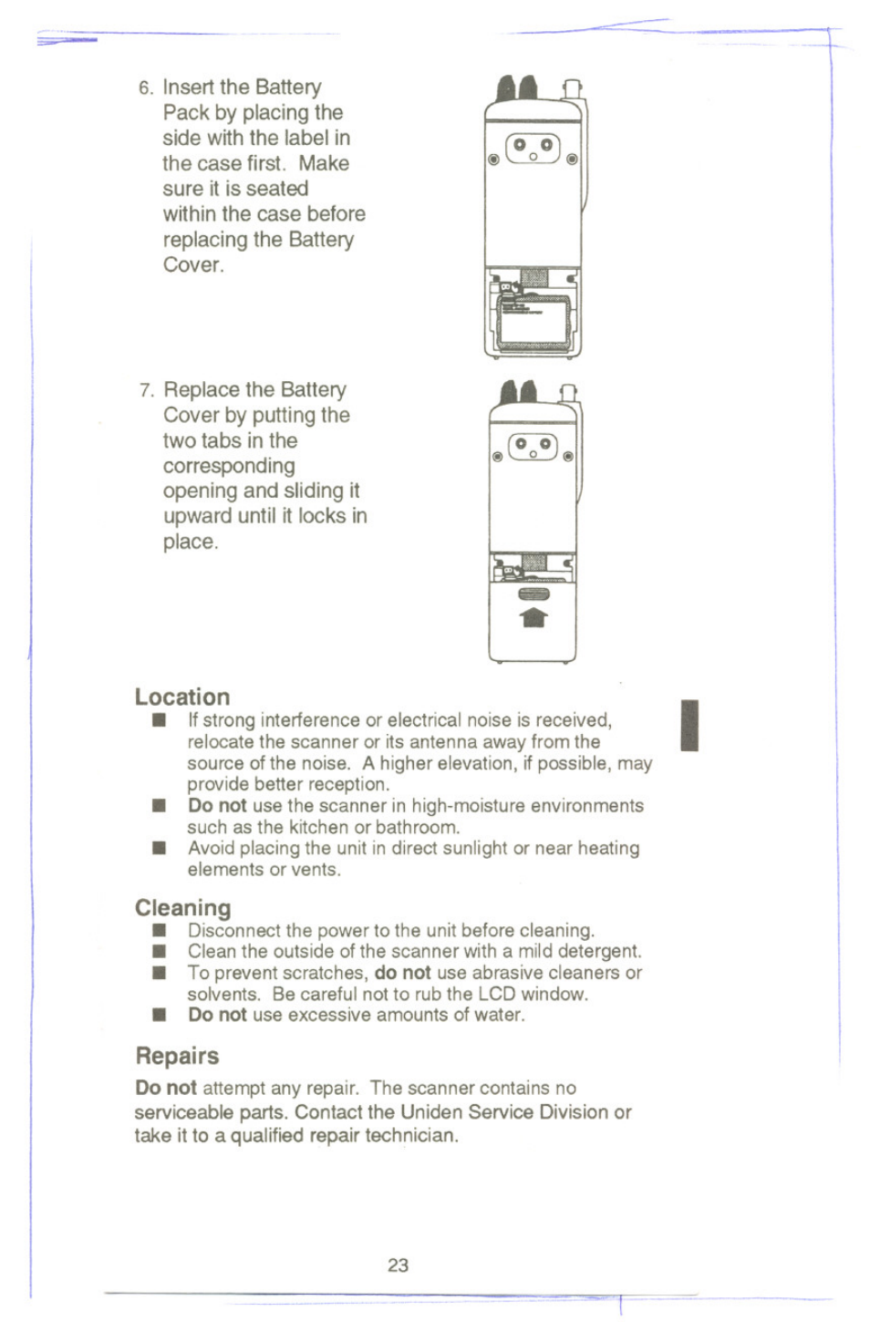 Location, Cleaning, Repairs | Uniden UBC 120XLT User Manual | Page 25 / 32