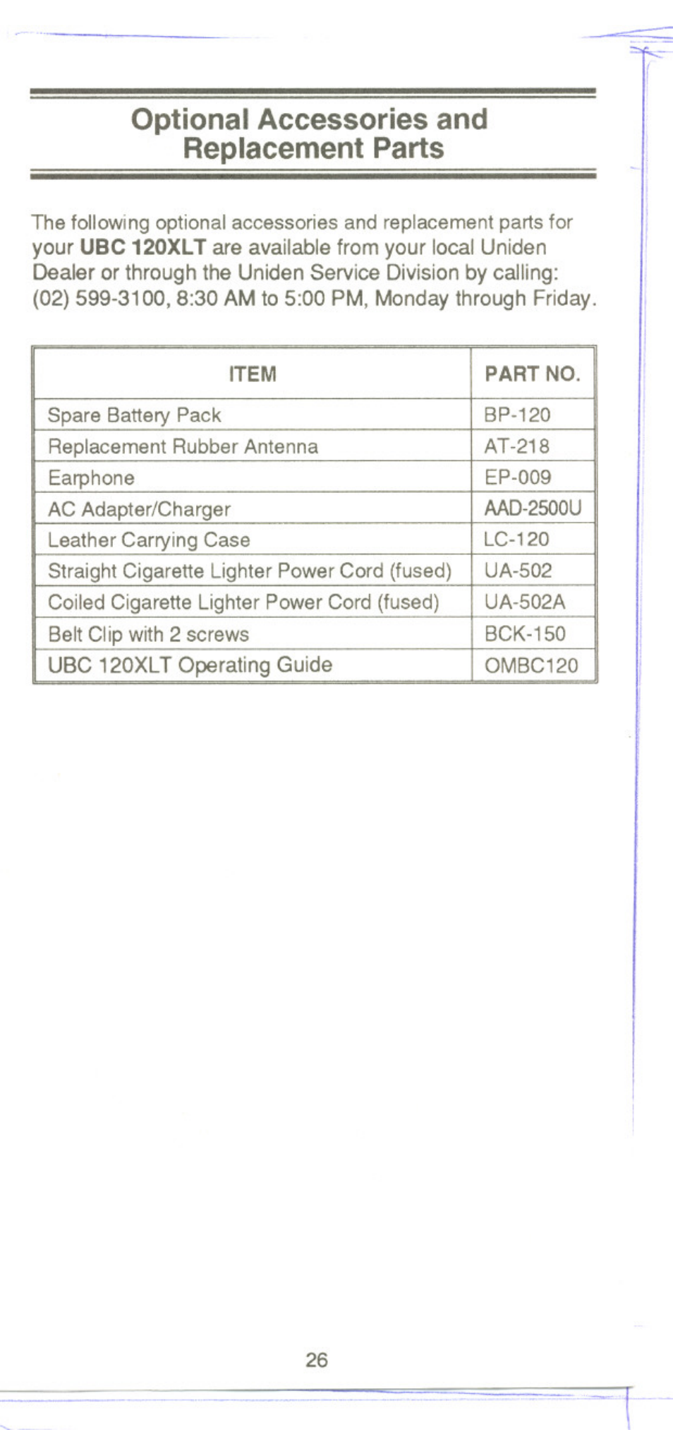 Optional accessories and replacement parts | Uniden UBC 120XLT User Manual | Page 28 / 32