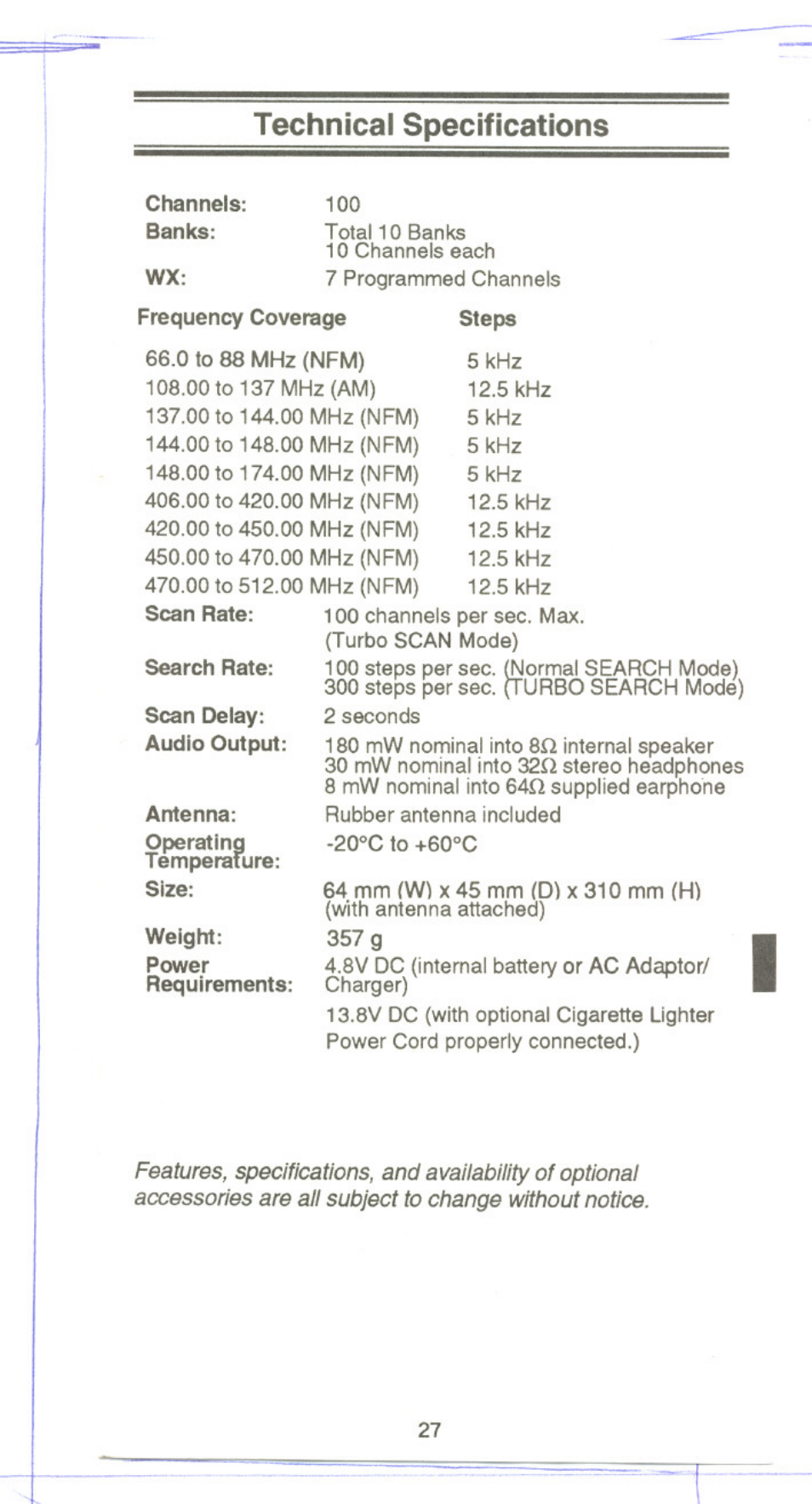 Technical specifications | Uniden UBC 120XLT User Manual | Page 29 / 32