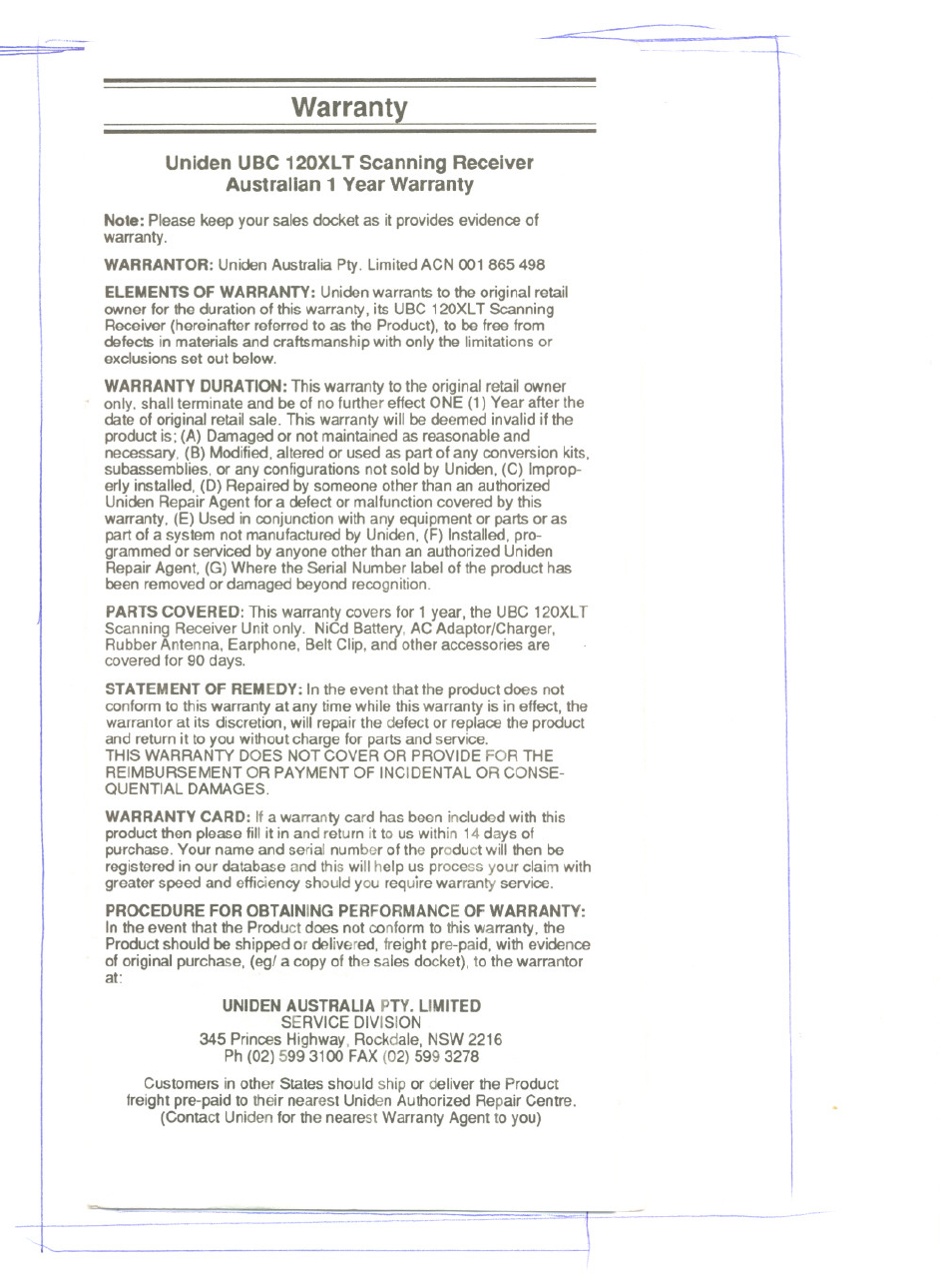 Warranty | Uniden UBC 120XLT User Manual | Page 30 / 32