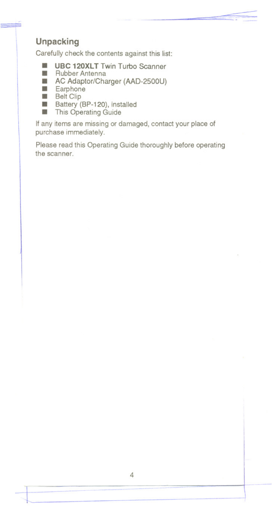 Unpacking | Uniden UBC 120XLT User Manual | Page 6 / 32