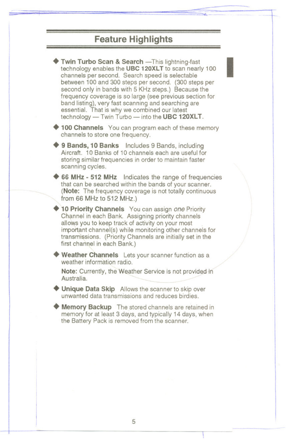 Feature highlights | Uniden UBC 120XLT User Manual | Page 7 / 32