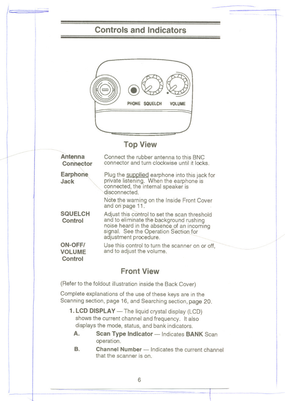 Controls and indicators, Front view | Uniden UBC 120XLT User Manual | Page 8 / 32