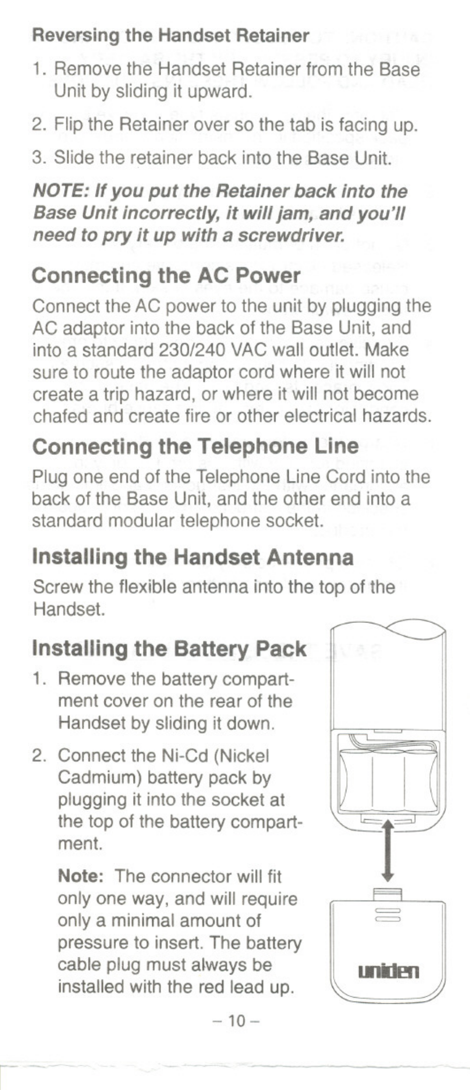 Connecting the ac power, Connecting the telephone line, Installing the handset antenna | Installing the battery pack, Uniden | Uniden CT301 User Manual | Page 10 / 21